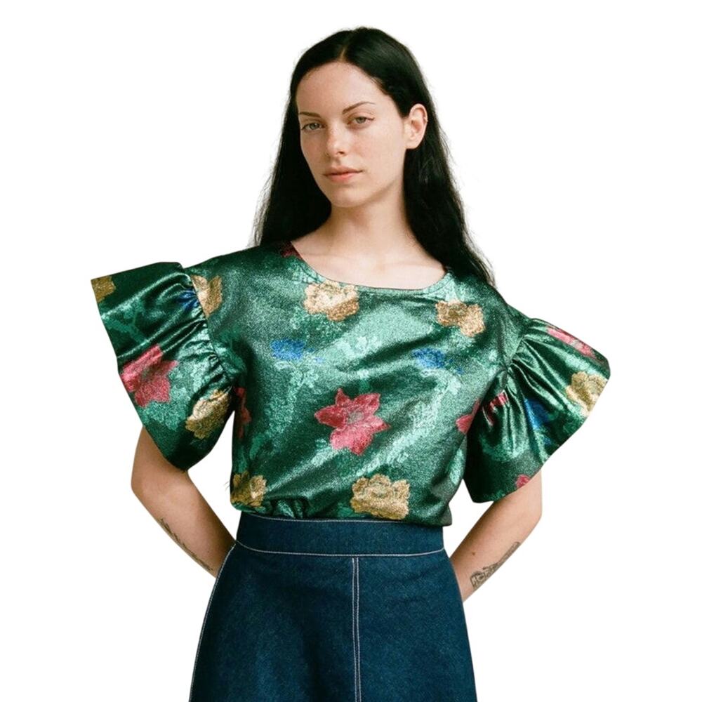 Eliza Faulkner Raffi Top — Teal Jacquard Floral Metallic Blouse, Size M